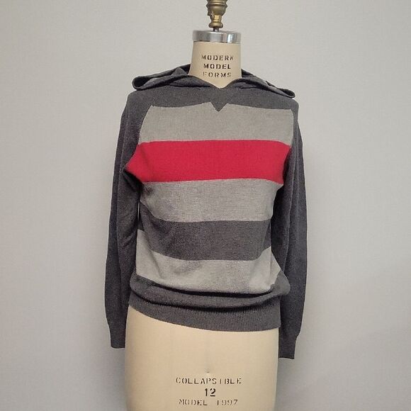 Carbon Gray and Red Striped Hoodie Sweater, 100% Cotton. Size S - Picture 1 of 5